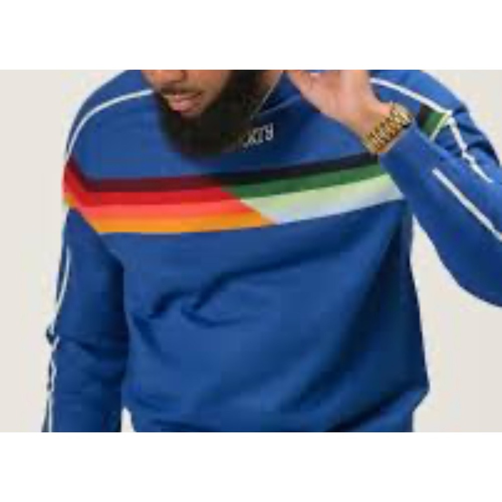 MURANO Men's Crew Neck Long Sleeve Acrylic Sweater Blue‎ Multi Stripe Medium